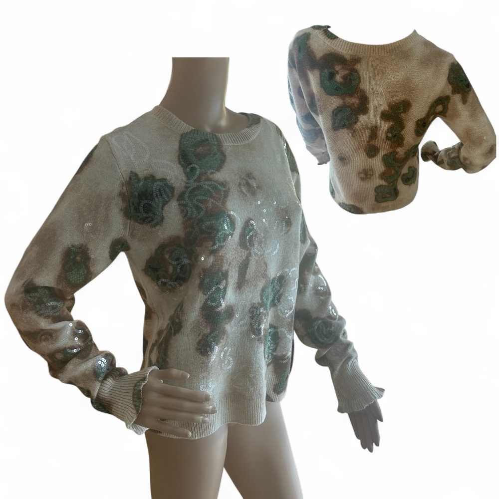 NIC+ZOE Women’s Sequin Floral Sweater Beige Green Size Small